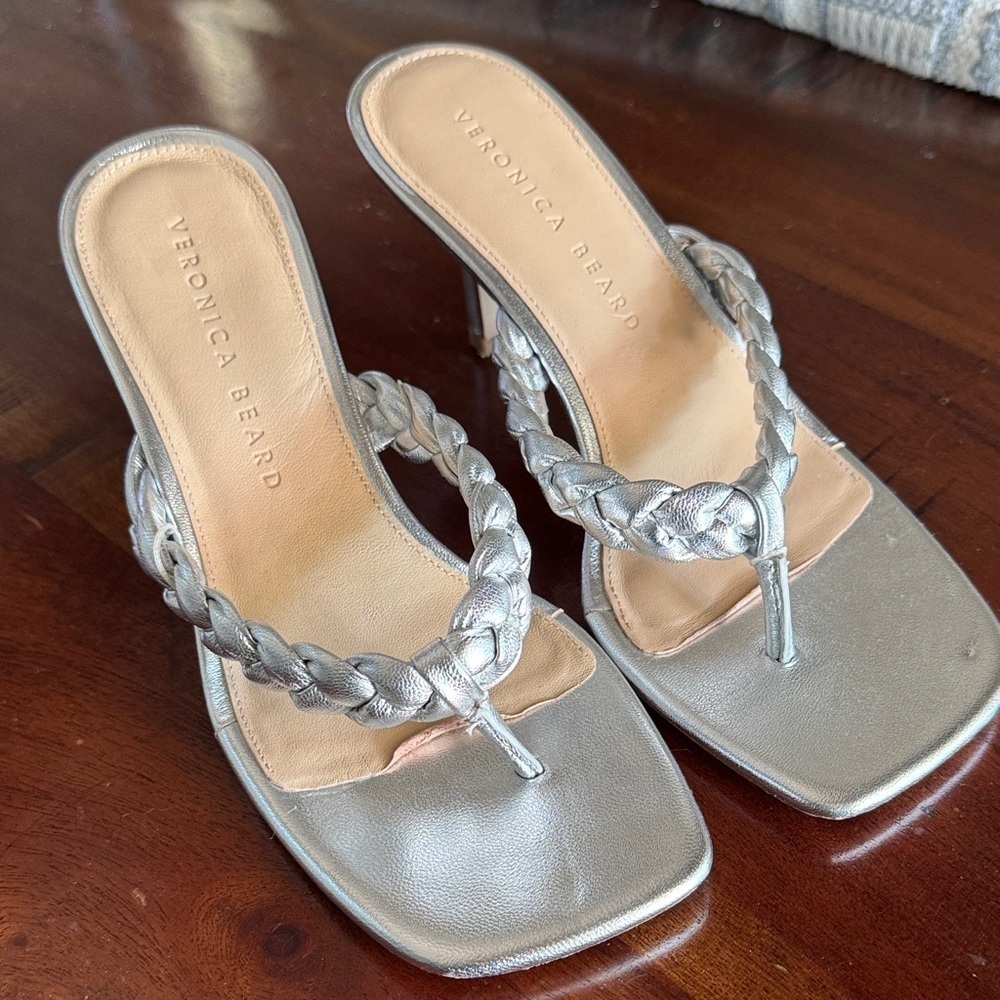 Veronica Beard Silver Braided Kitten Heeled Sandals - Picture 2 of 7